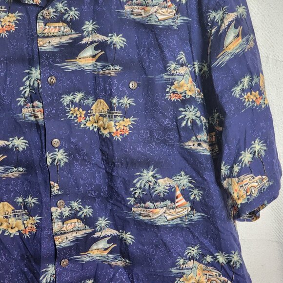 Pierre Cardin Vtg Blue Tropical Surfer Beach Scene ButtonUp Cotton Shirt Size XL - Picture 8 of 16
